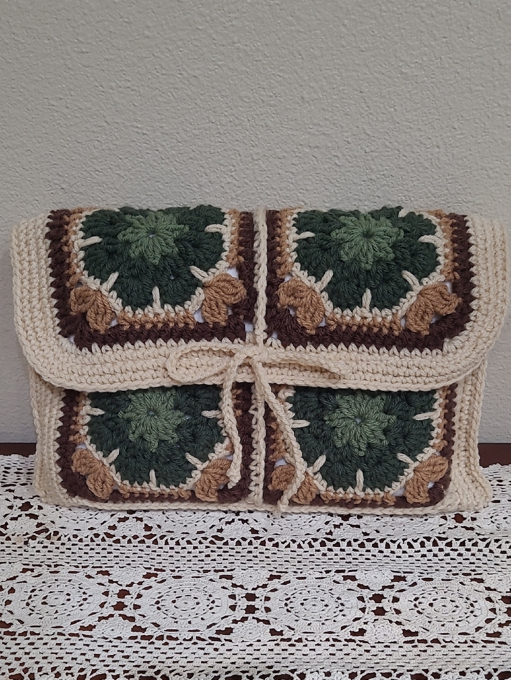 Artisan Made Crocheted African Flower Square Bible Book Bag in Green and Cream